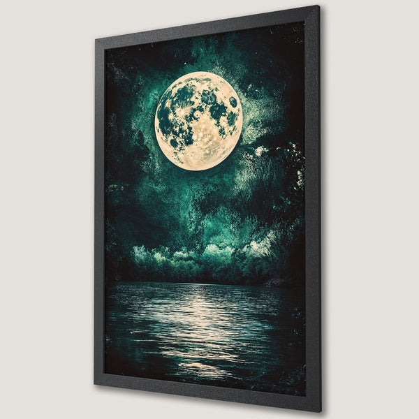 Framed Poster featuring a mystical moonlit lake scene in teal and black. Perfect for adding a touch of magic to your space.