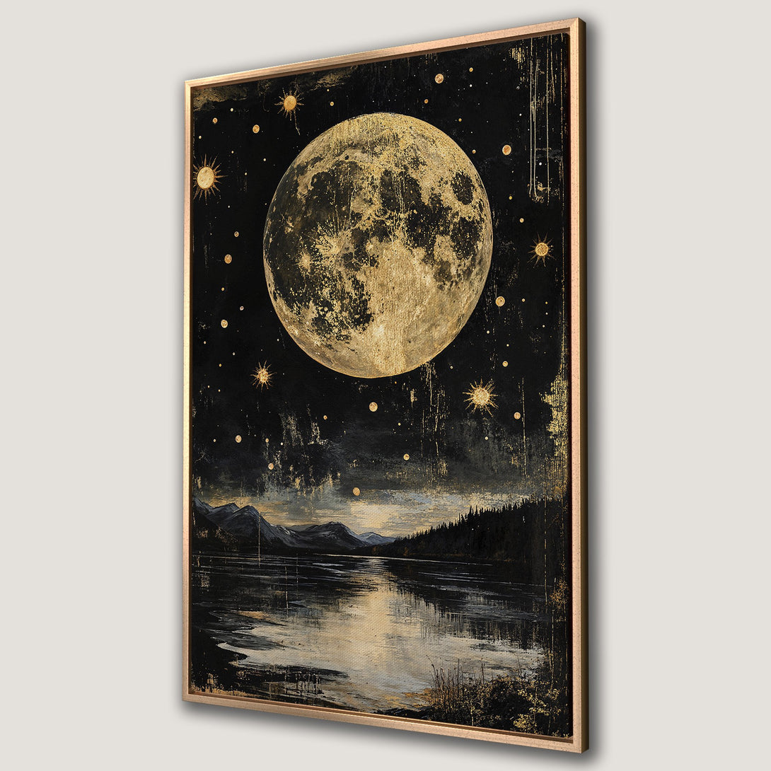 Framed Wall Art: Celestial moon and stars over a lake, in a vintage style with a gold and black color palette. Perfect for adding a touch of magic!