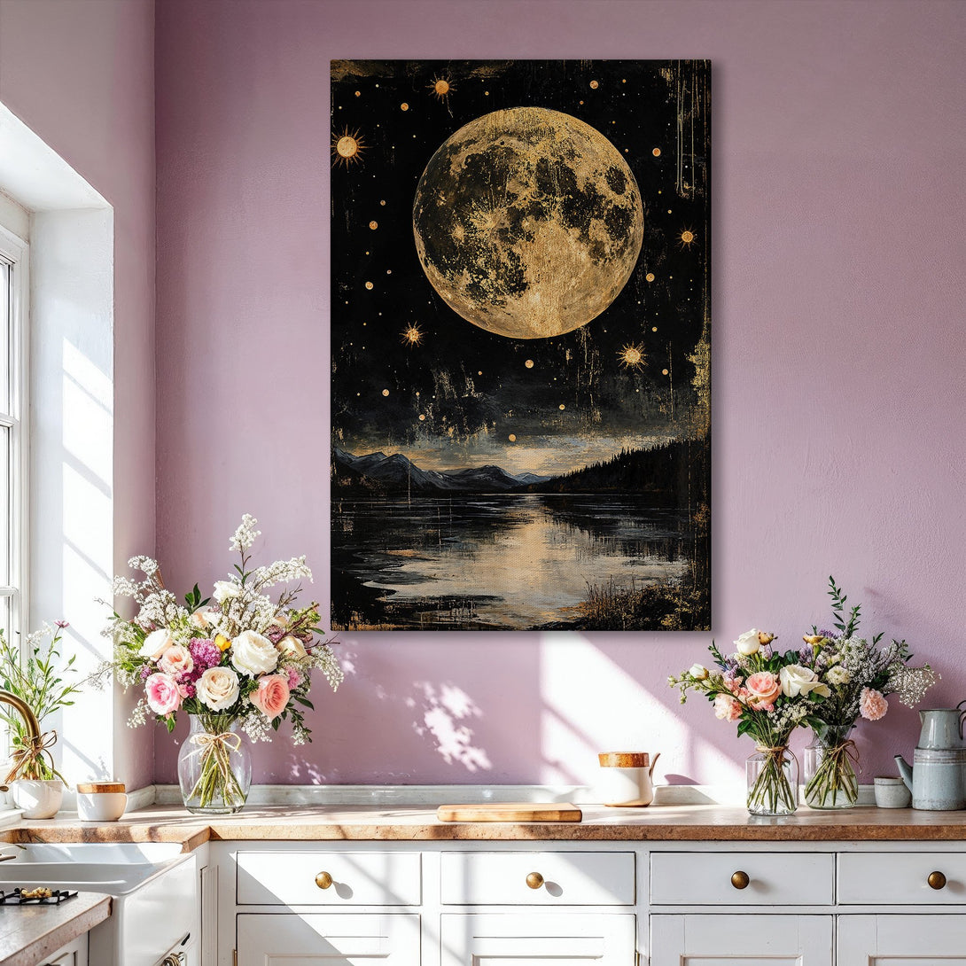 Framed Wall Art: Stunning celestial moon and lake scene in gold and black. Modern art canvas print adds a touch of luxury to any space. Shop now!