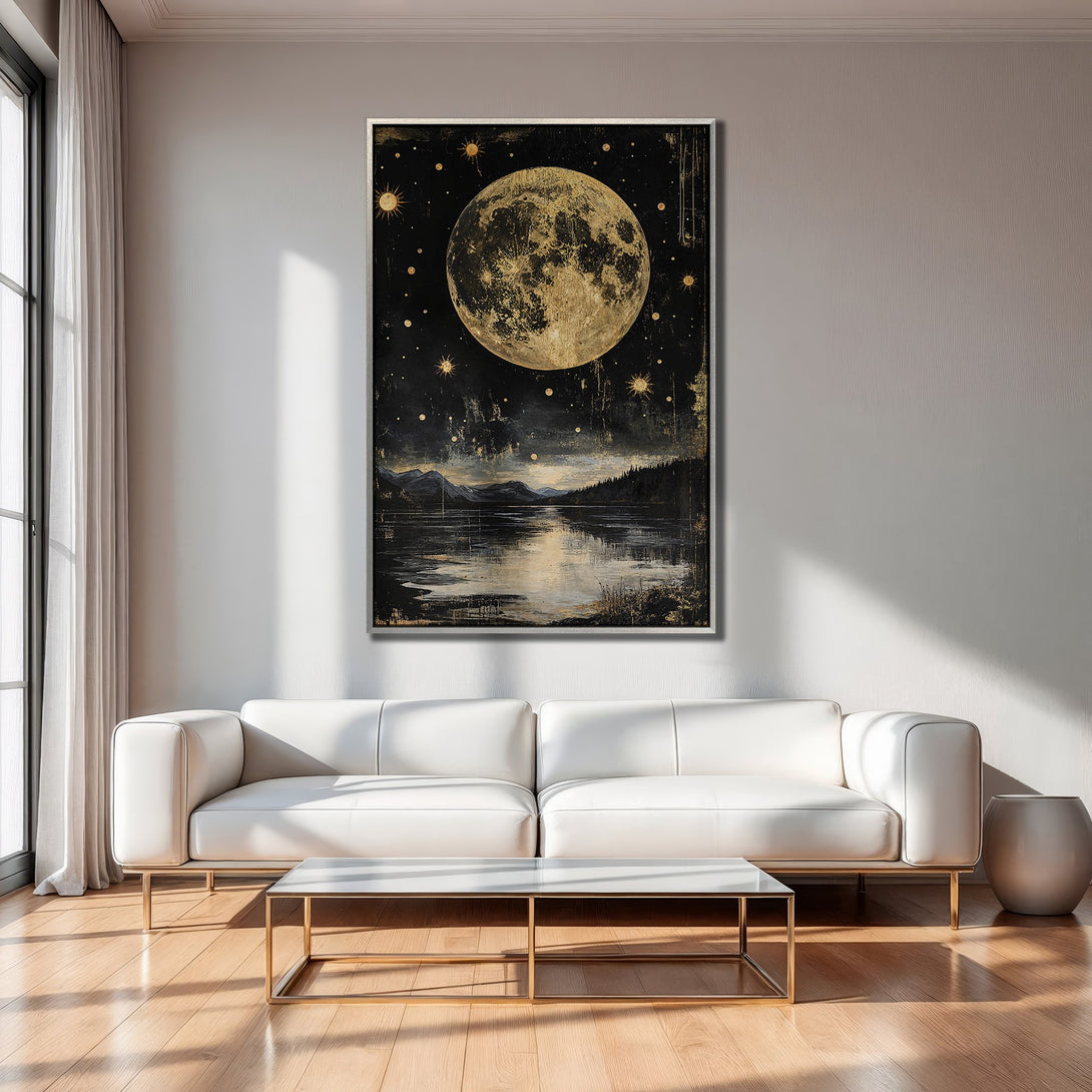 Framed Wall Art: Celestial moon and stars canvas print in gold and black, adding a touch of mystic art to any space. Perfect for modern decor.