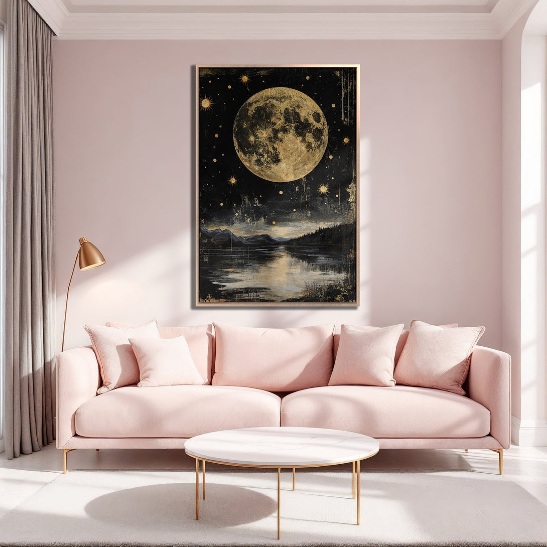 Framed Wall Art: Stunning moon and lake landscape in gold and black. Modern art print adds elegance to any space. Perfect for living room decor.