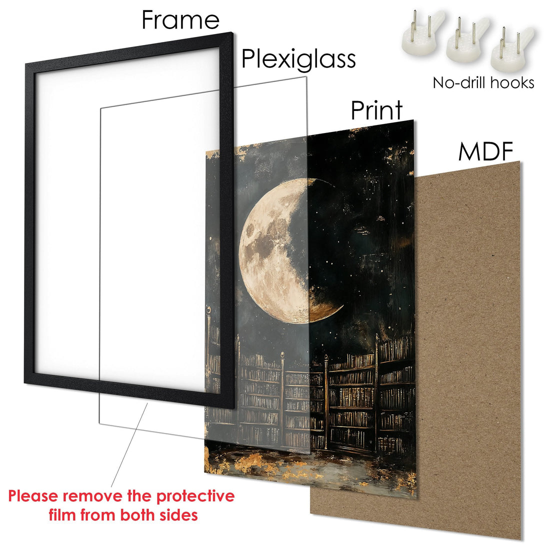 Framed Poster featuring a moonlit library scene, in a dark, artistic style with gold and black tones. Perfect wall decor.