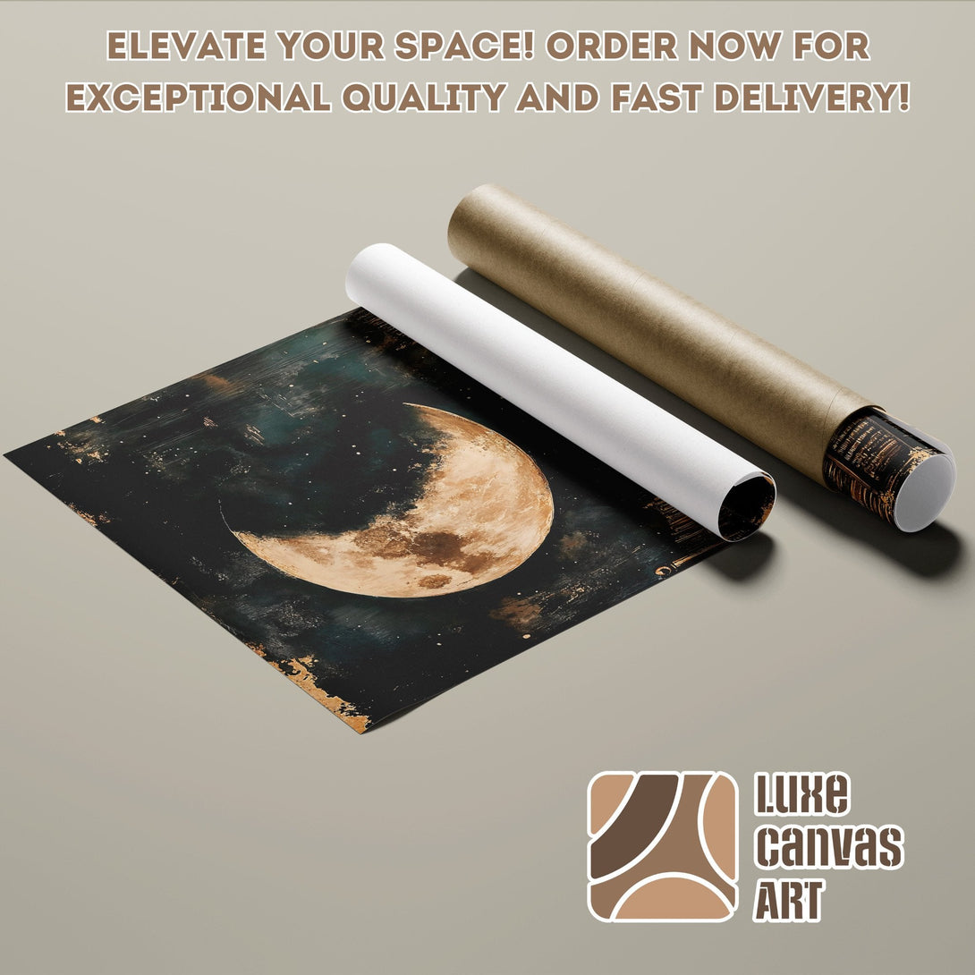 Poster Roll featuring a celestial moon art print in dark teal and gold tones. Elevate your space!