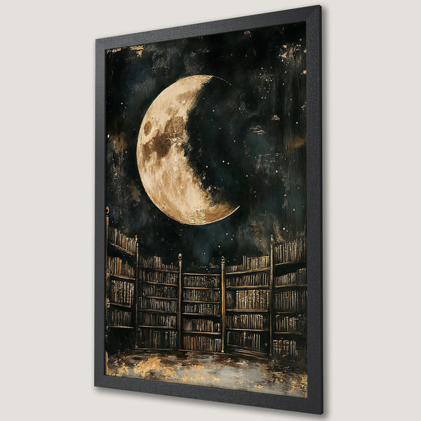 Framed Poster featuring a surreal moon and library scene in dark, moody tones with gold accents. Perfect wall art!
