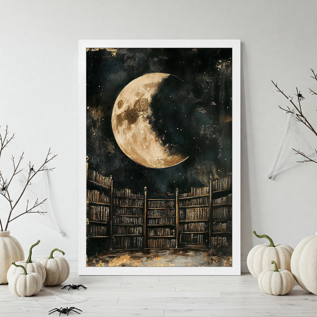 Framed Poster: Moonlit Library art print in dark, moody tones. Gothic style with gold accents, perfect for Halloween decor.