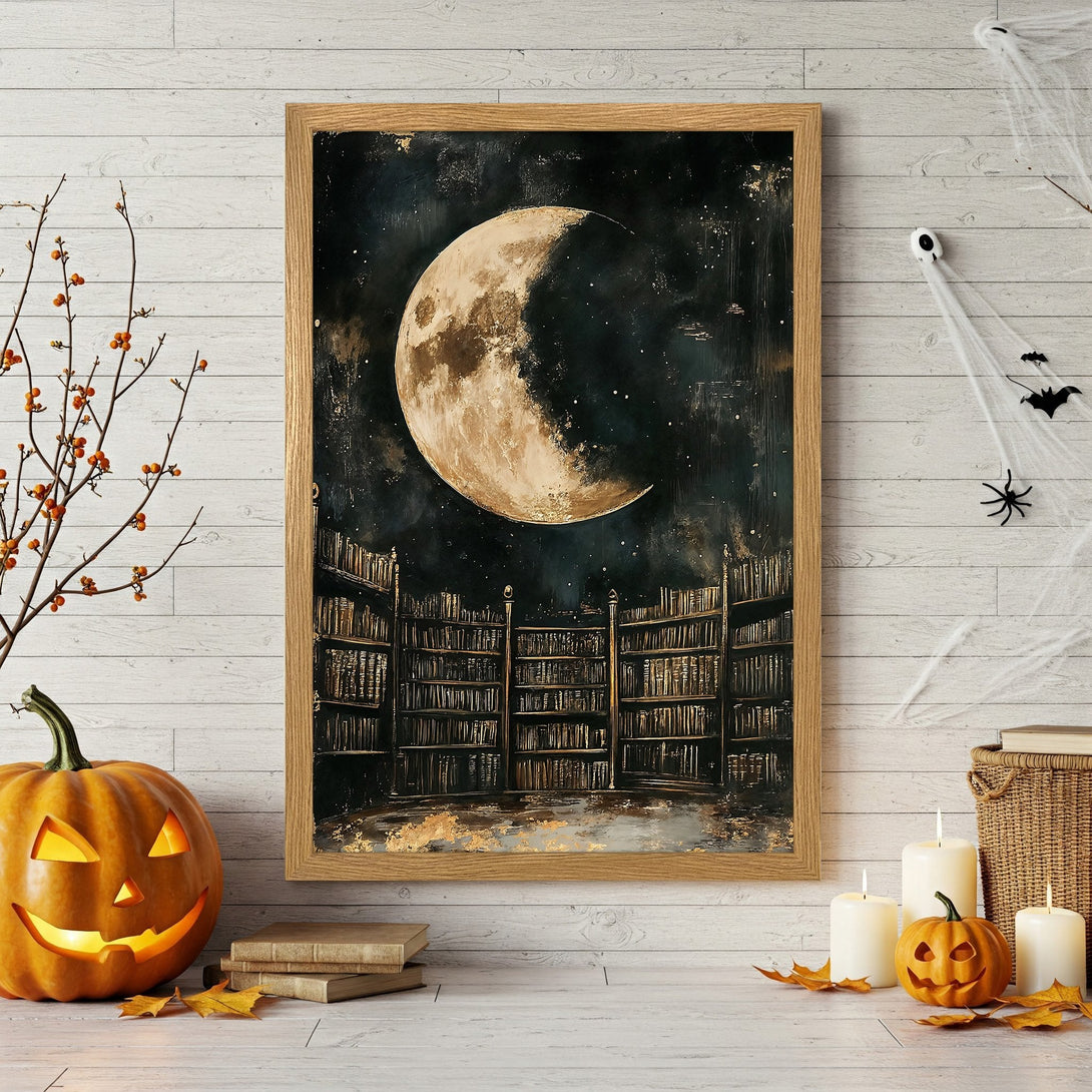 Framed Poster of a moonlit library, dark & moody art, perfect Halloween decor. Add a touch of mystery to your space!
