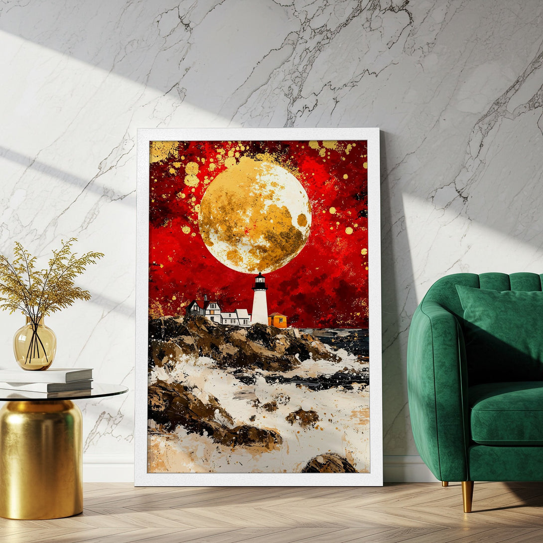Framed Poster featuring a lighthouse under a golden moon. Stunning abstract art with red, gold, and white hues. Perfect wall decor!