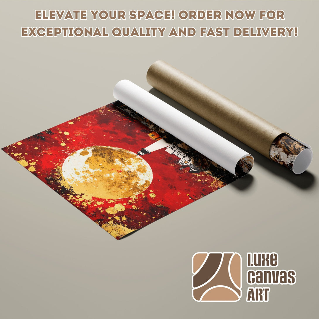 Abstract art Poster Roll with moon and red/gold palette. Elevate your space!