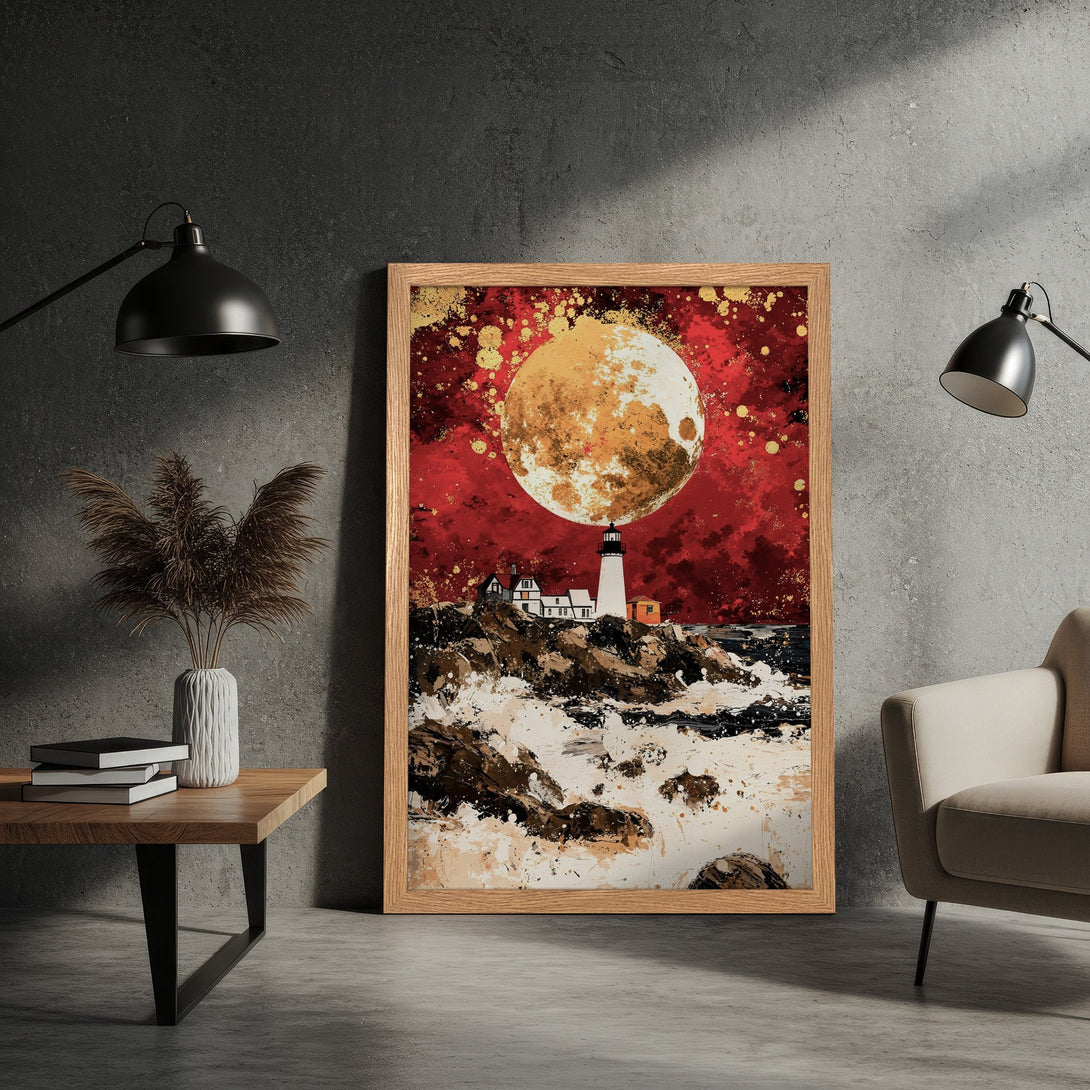 Framed Poster of a lighthouse under a moon in a bold, abstract style with a red and gold color palette.