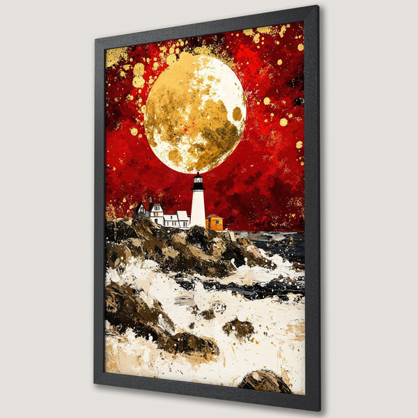 Framed Poster featuring a lighthouse with a golden moon, abstract style, red, gold, and white color palette. Perfect wall art.