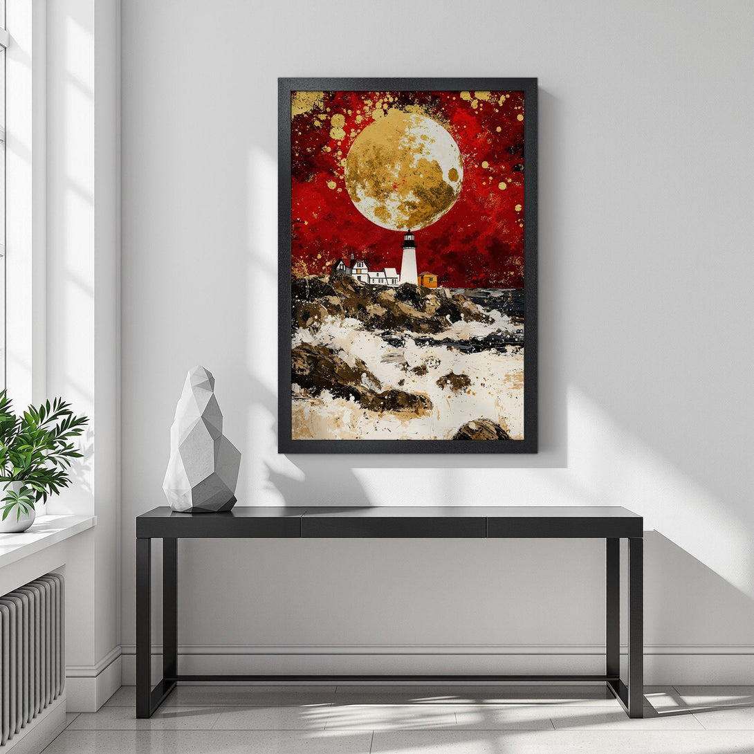 Framed Poster featuring a lighthouse under a golden moon, abstract style, red & gold color palette. Add art to your space!