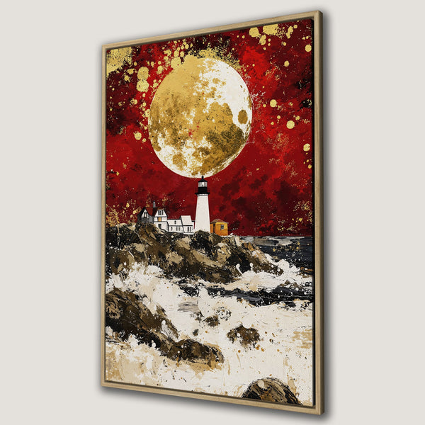 Framed Wall Art: Lighthouse painting with a golden moon, red sky, and ocean waves. Modern abstract style, rich red, gold, and neutral color palette. Perfect wall decor.