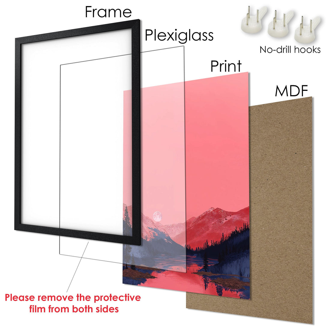 Framed Poster featuring a landscape scene in a modern style with a red and blue color palette. Ready to hang!