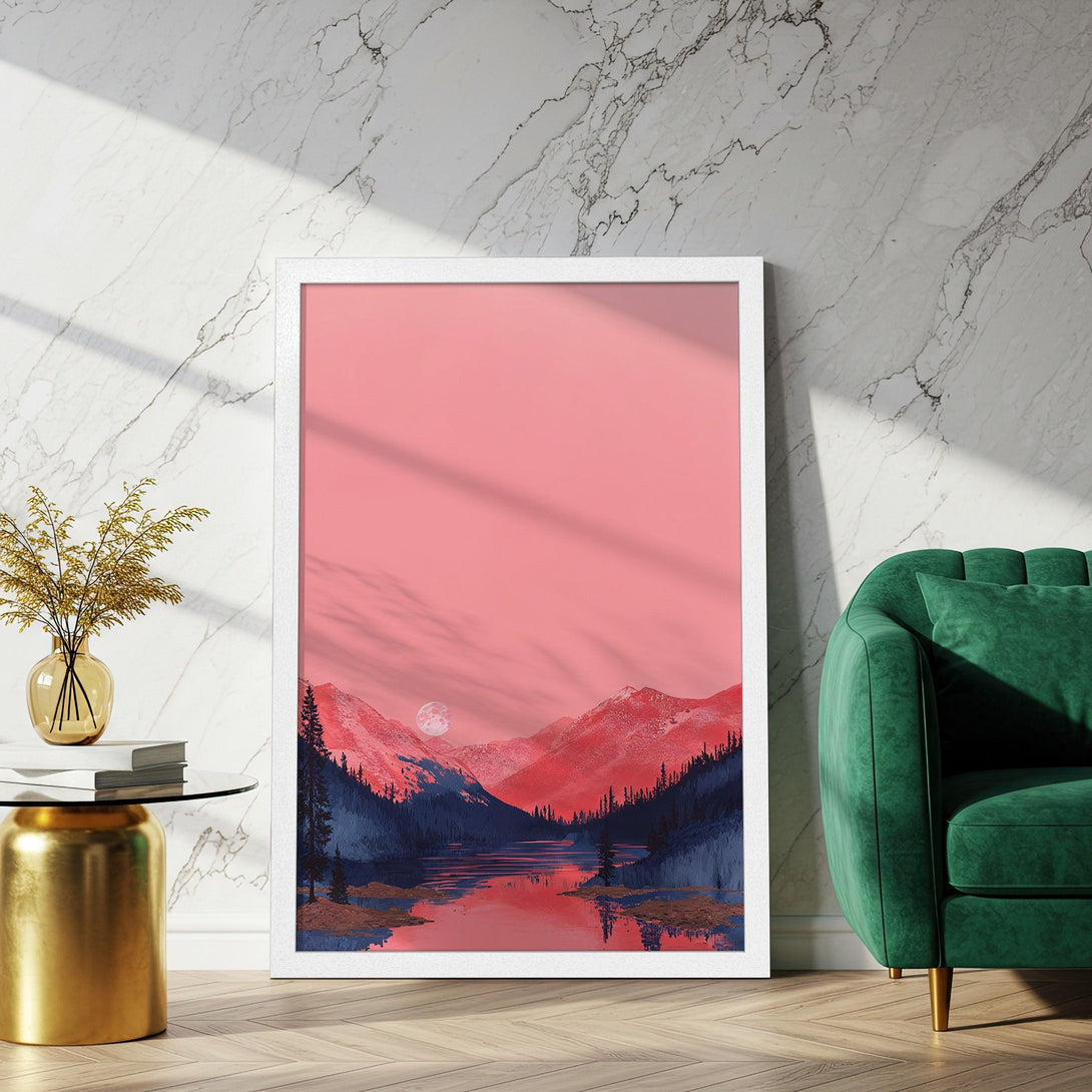 Framed Poster featuring a landscape painting with a pink and blue color palette, perfect for home decor.