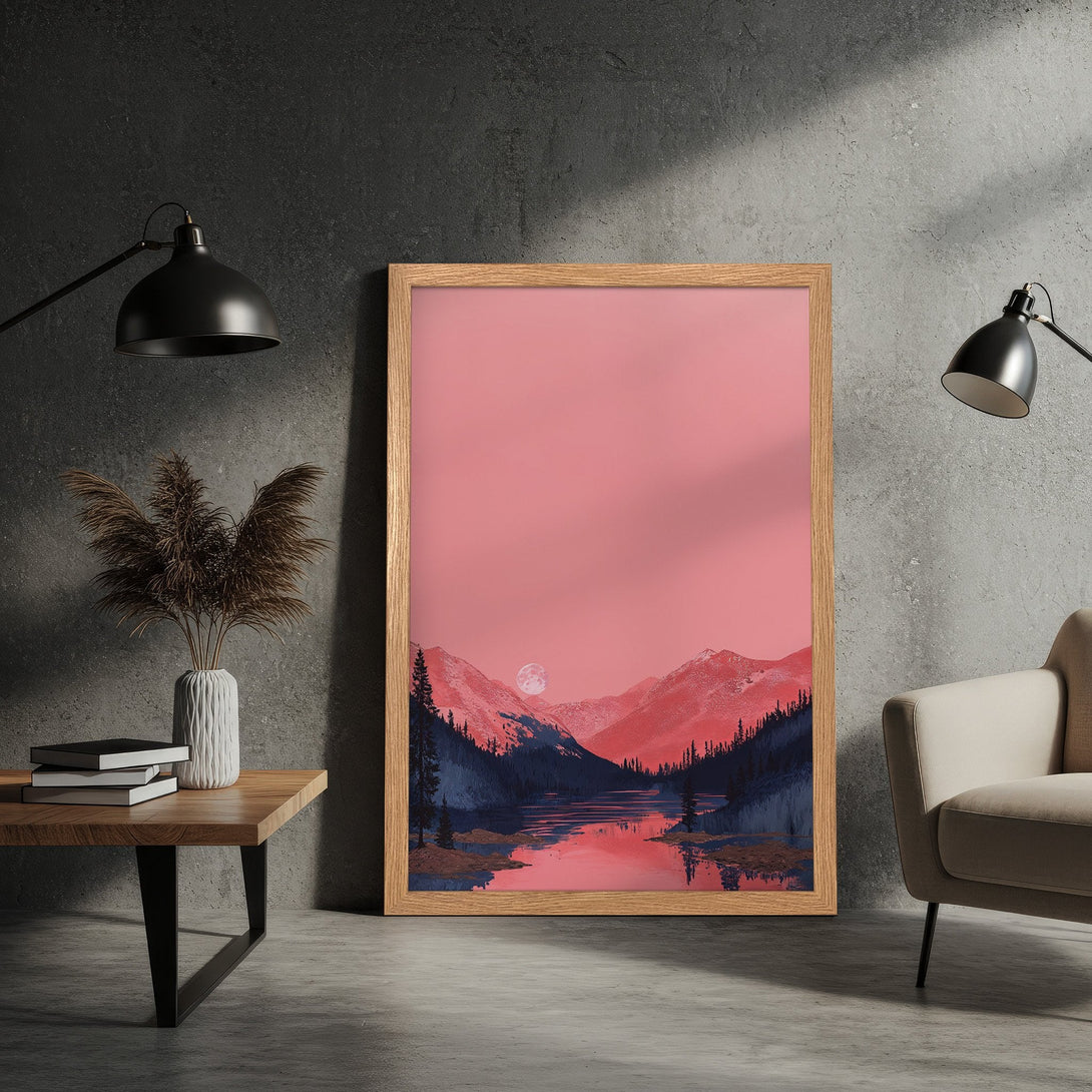 Framed Poster featuring a mountain landscape in a modern style with a pink and blue color palette. Perfect wall art!