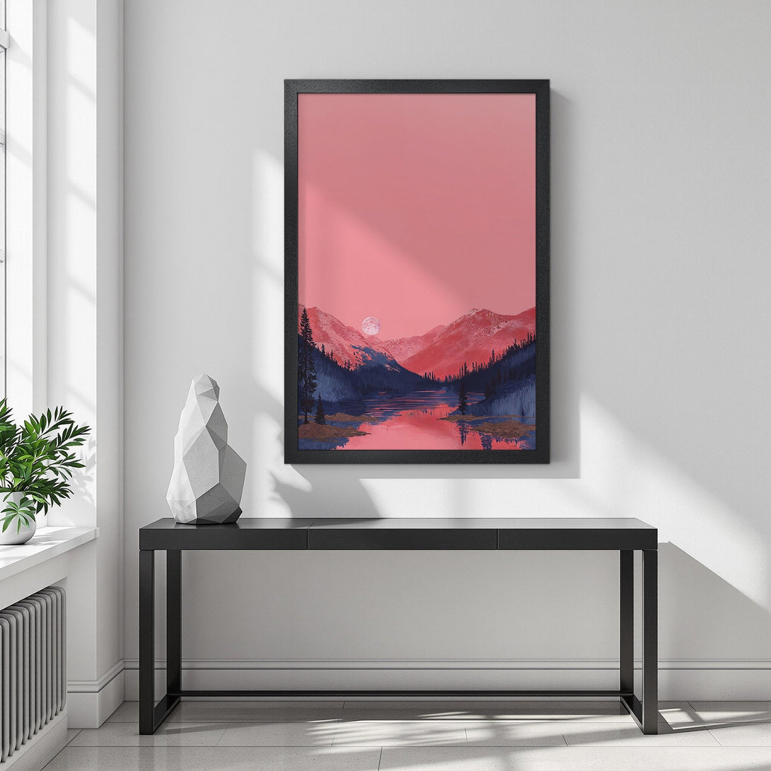 Framed Poster featuring a serene mountain landscape in a pink and blue color palette, perfect for adding a touch of tranquility to your space.