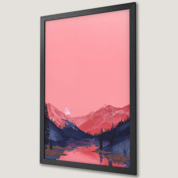 Framed Poster featuring a serene mountain landscape in a pink and blue color palette. Modern art print for home decor.