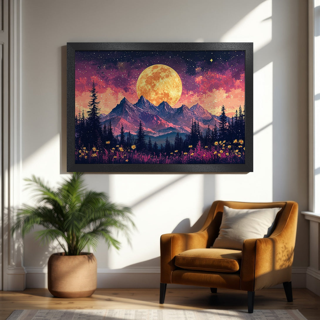 Framed Poster featuring a mountain landscape with a vibrant sunset and moon, in a modern art style with a warm color palette.
