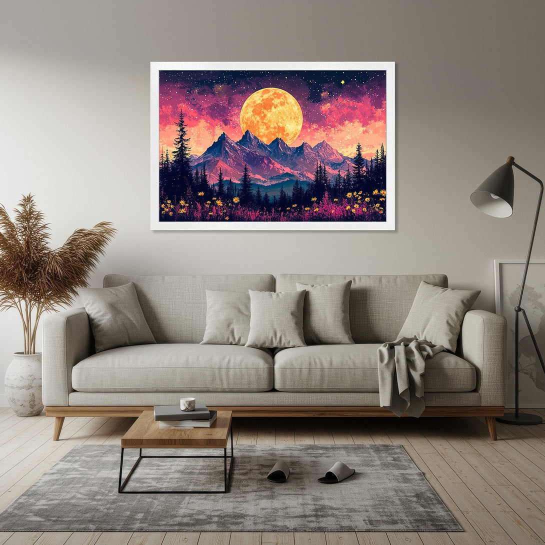 Framed Poster featuring a vibrant mountain landscape with a large moon, in a colorful, stylized art style. Perfect wall art!