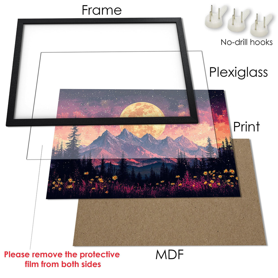 Framed Poster featuring a mountain landscape in a dreamy, colorful style. Perfect for adding a touch of nature to your space!
