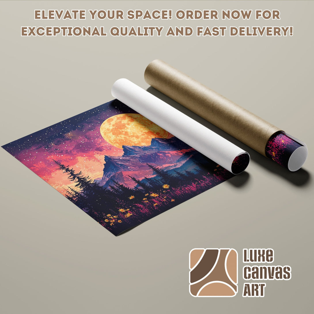 Poster Roll featuring a vibrant moonlit mountain landscape art print. Elevate your space!