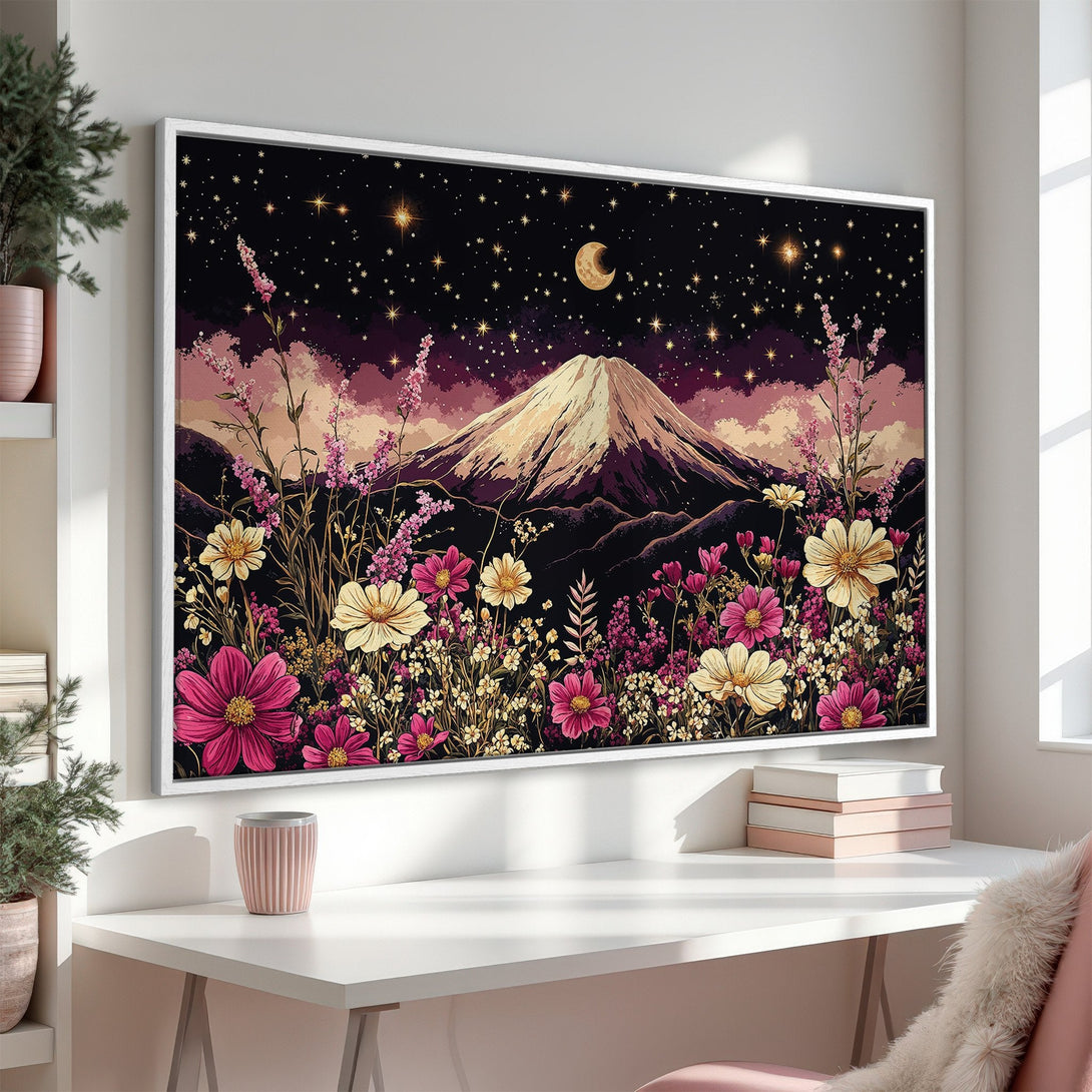 Framed Wall Art: Mountain scene with starry night sky, flowers, and a soft pink and purple palette. Perfect for adding a touch of nature to your space.