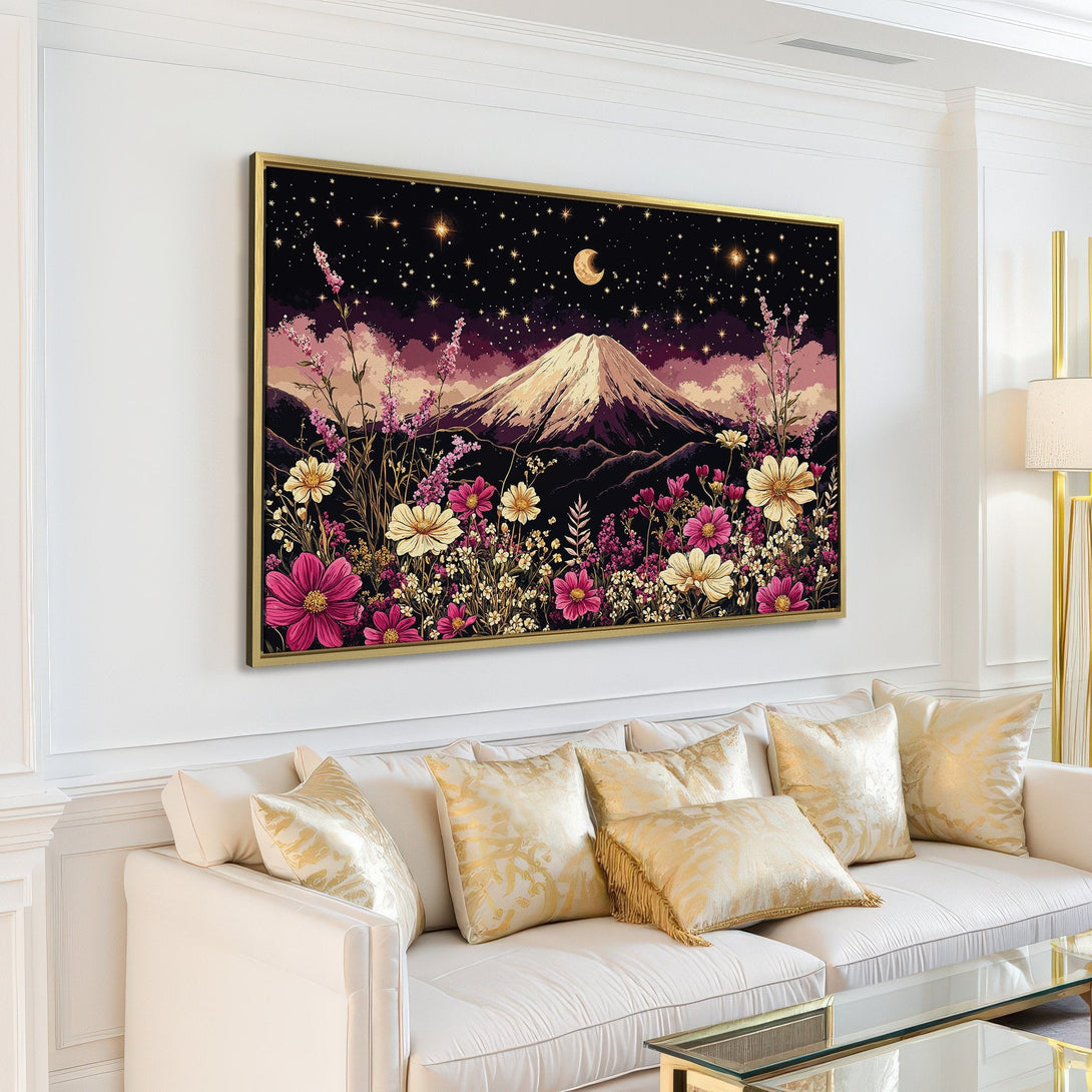Canvas Print of a mountain landscape with flowers, in a whimsical style with a dark, purple, and cream color palette.