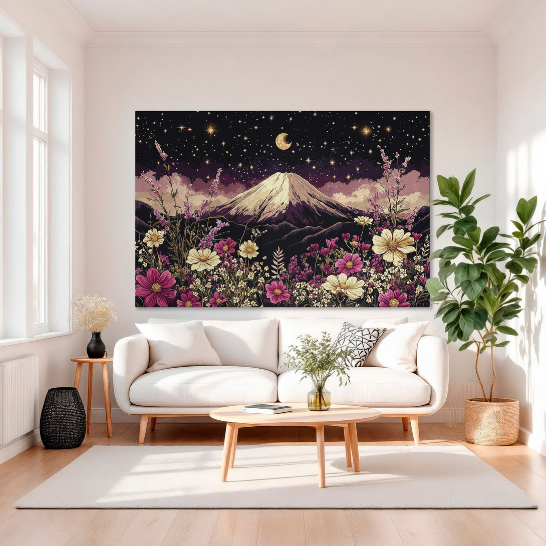 Framed Wall Art: Mountain scene canvas print with floral foreground. Features a black, pink, and gold color palette, perfect for modern interior decor.