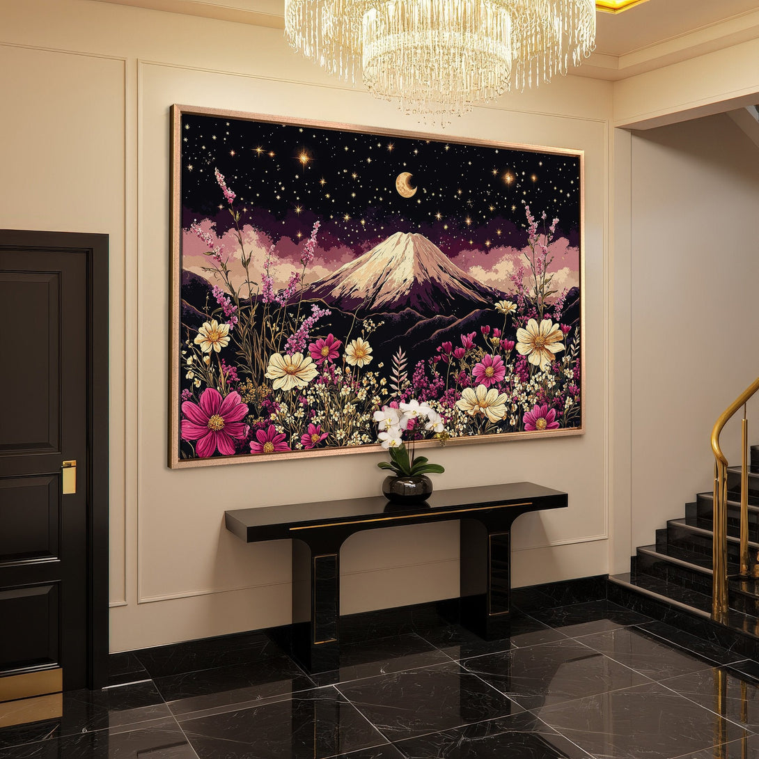 Framed Wall Art: Floral landscape canvas print with mountain, stars, and moon. Pink, purple, and yellow color palette. Perfect for home decor.