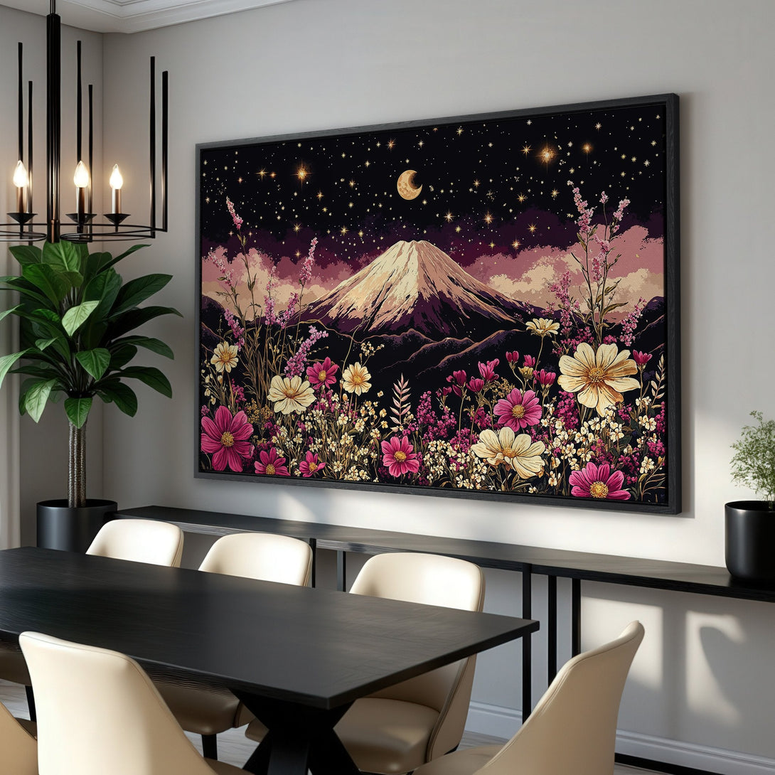 Framed Wall Art featuring a mountain landscape with flowers, stars, and moon. Beautiful art in a dark, pink, and gold color palette. Perfect for home decor.