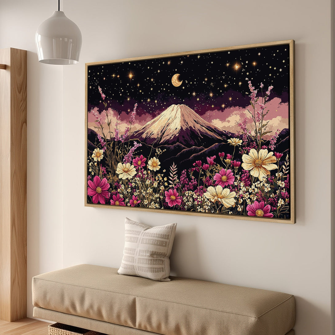 Framed Wall Art: Mountain landscape Canvas Print with floral foreground, starry night sky, and a pink, purple, & cream color palette.