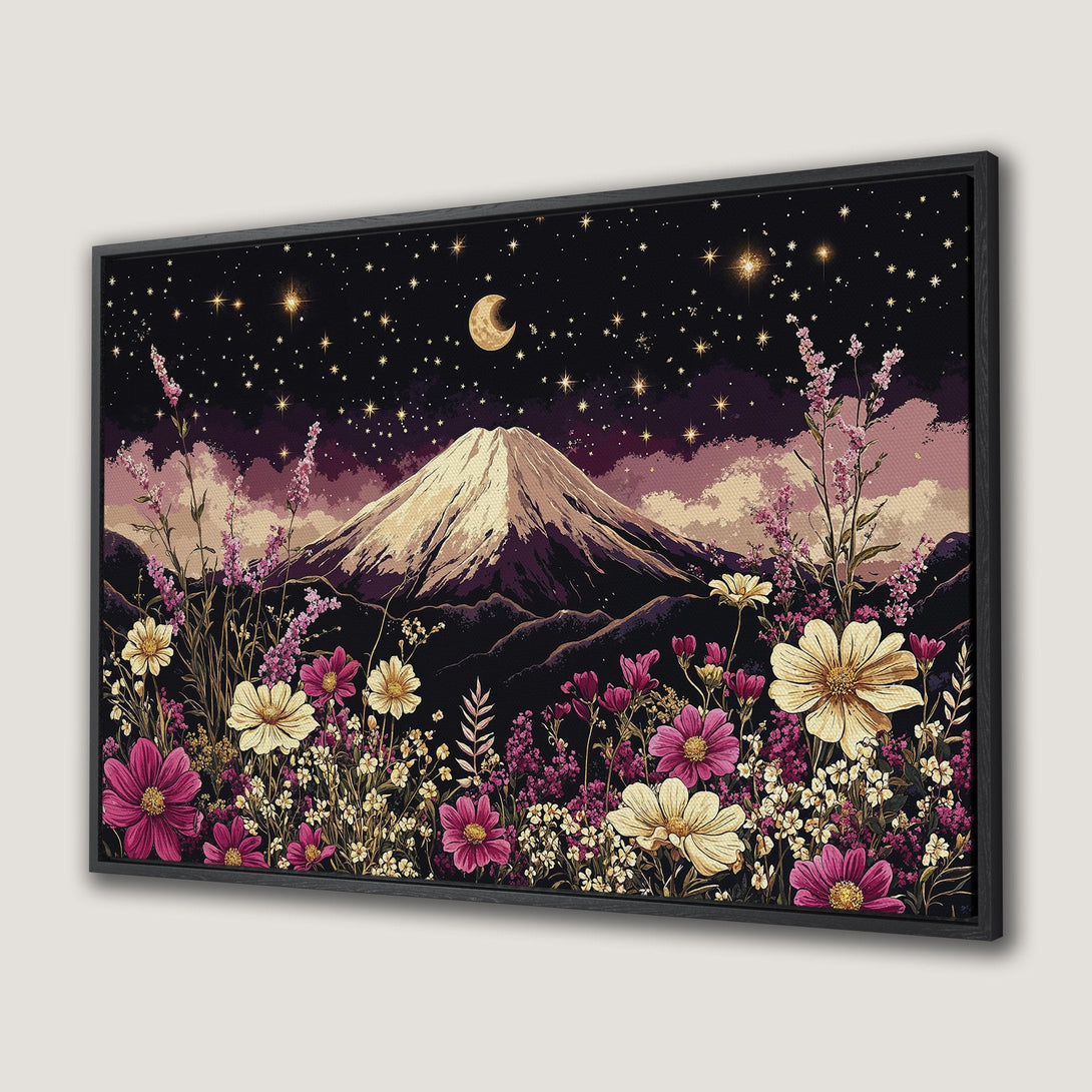 Canvas Print featuring a mountain landscape with flowers, stars, and moon. Beautiful, dreamy style with a rich purple, pink, and gold color palette.