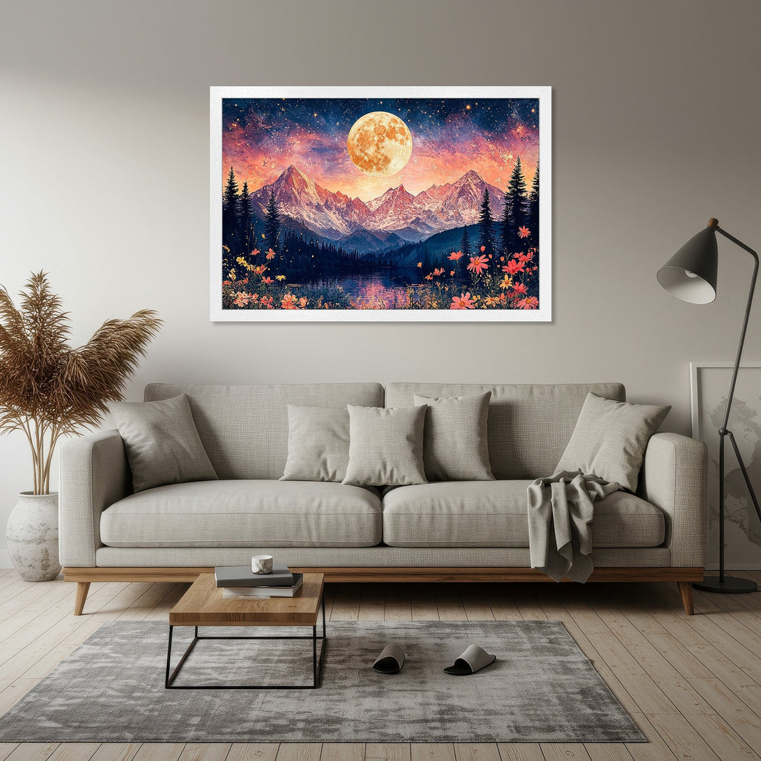 Framed Poster of a mountain landscape with a vibrant color palette. Perfect wall art for any room!