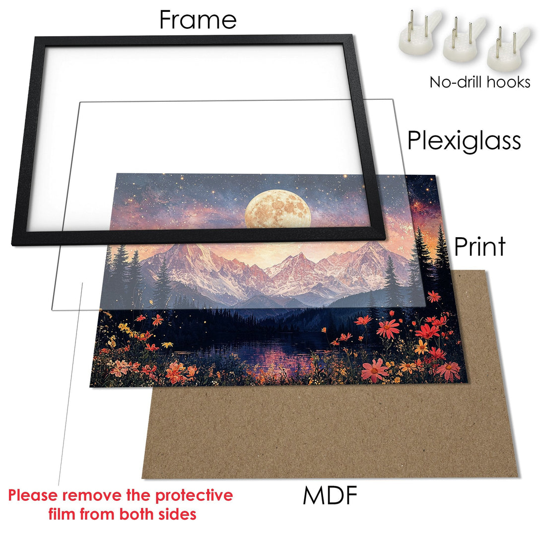 Framed Poster of a stunning mountain landscape with a full moon, showcasing a vibrant, warm color palette. Perfect wall art!