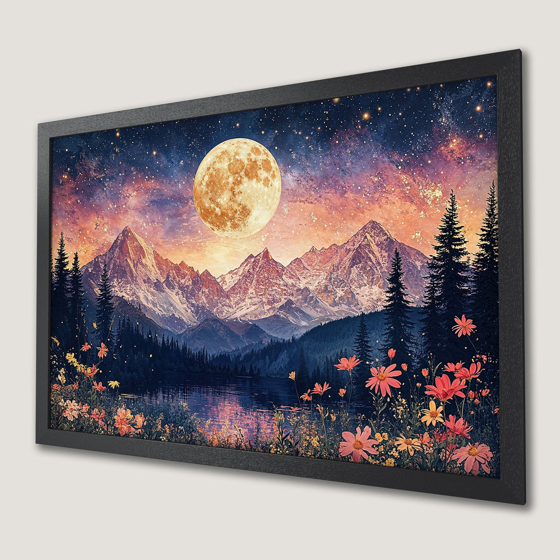 Framed Poster featuring a dreamy mountain landscape with a full moon, in a dark blue and orange color palette.