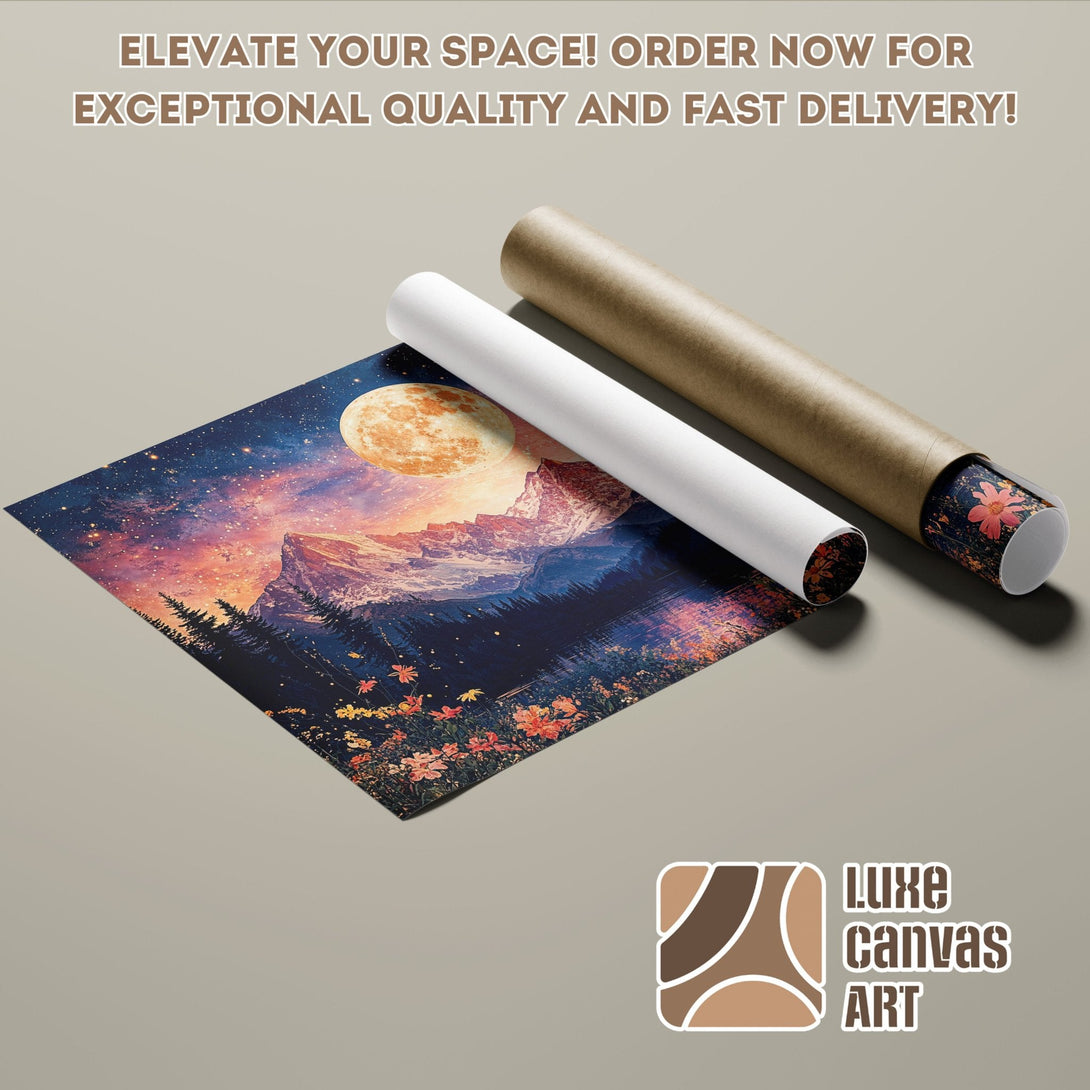 Poster Roll featuring a dreamy landscape with a moon, in a vibrant blue and orange palette.