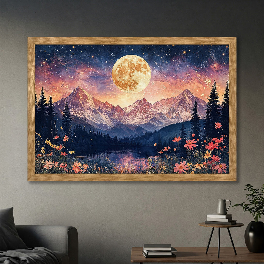 Framed Poster of a mountain landscape with a full moon, in a dreamy style with a warm color palette. Perfect wall art!