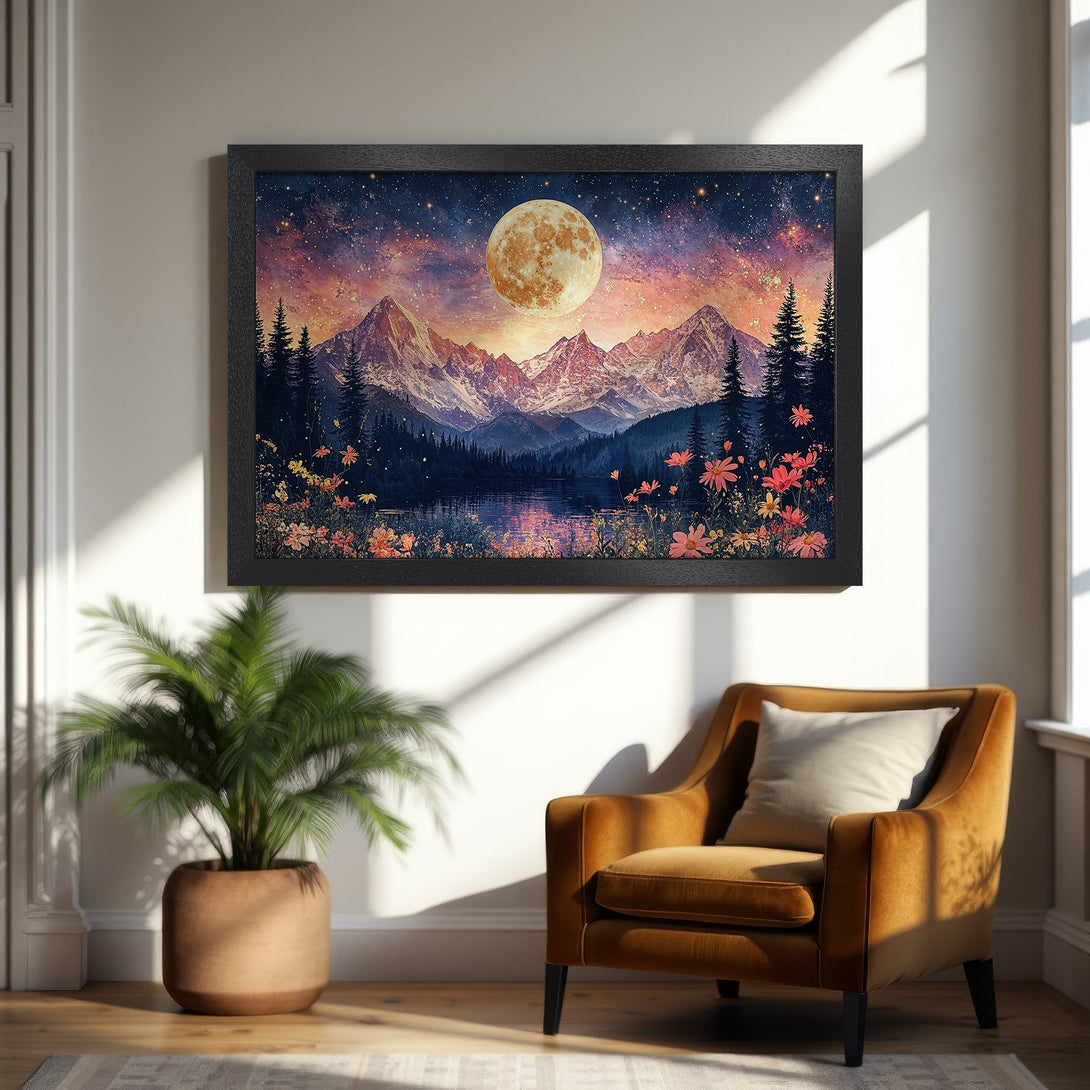 Framed Poster of a mountain landscape with a starry sky and full moon. Warm color palette, perfect for home decor.