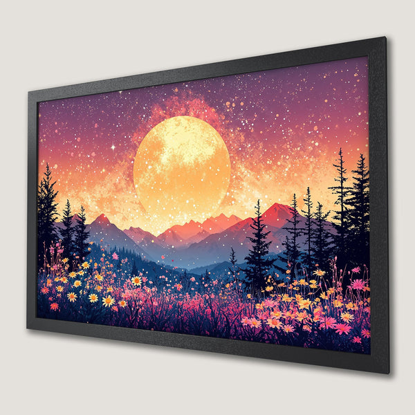 Framed Poster featuring a vibrant landscape with mountains, flowers, and a large moon. Beautiful color palette of blues, pinks, and oranges.
