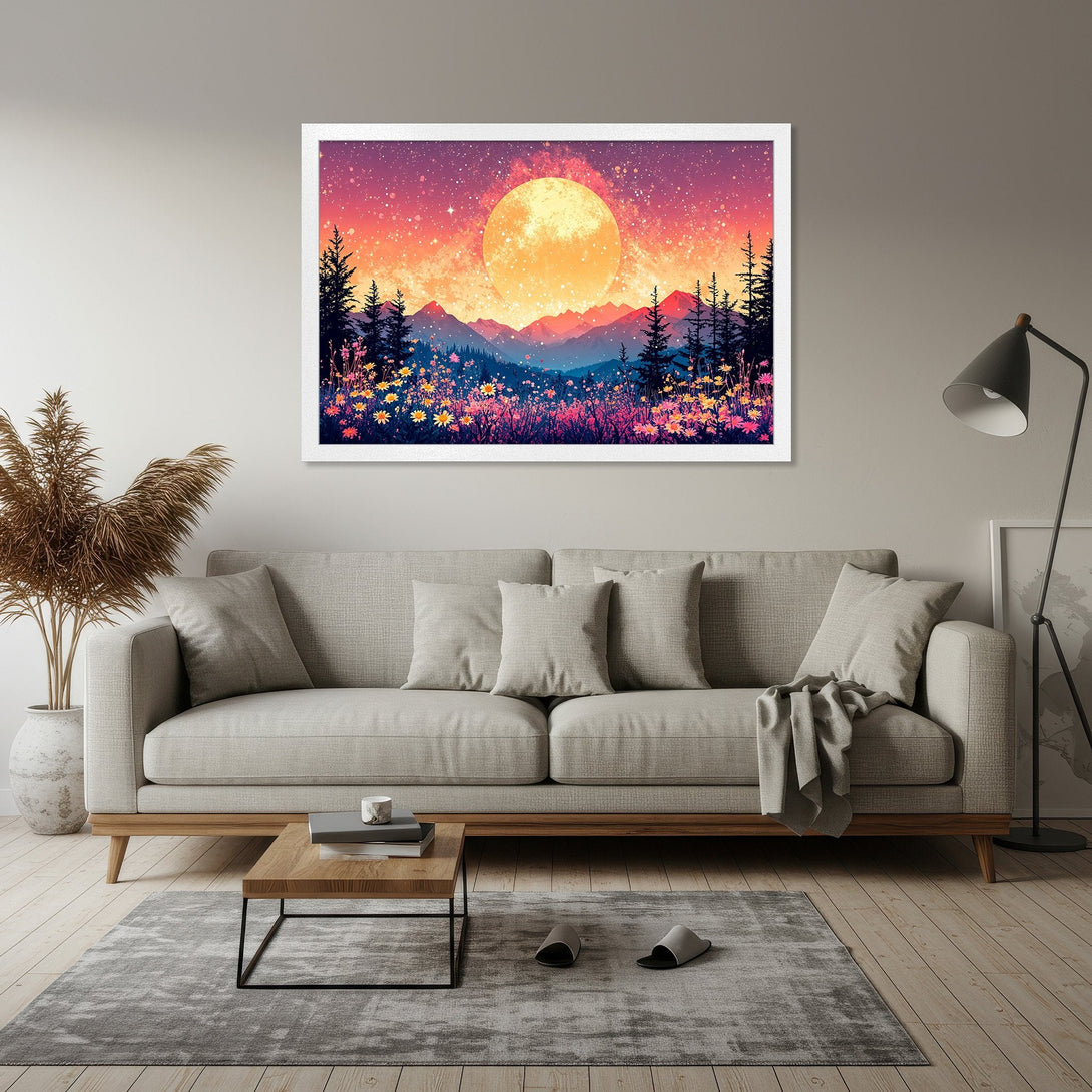 Framed Poster featuring a vibrant landscape with a large moon, trees, and flowers. The color palette includes warm oranges, purples, and blues.