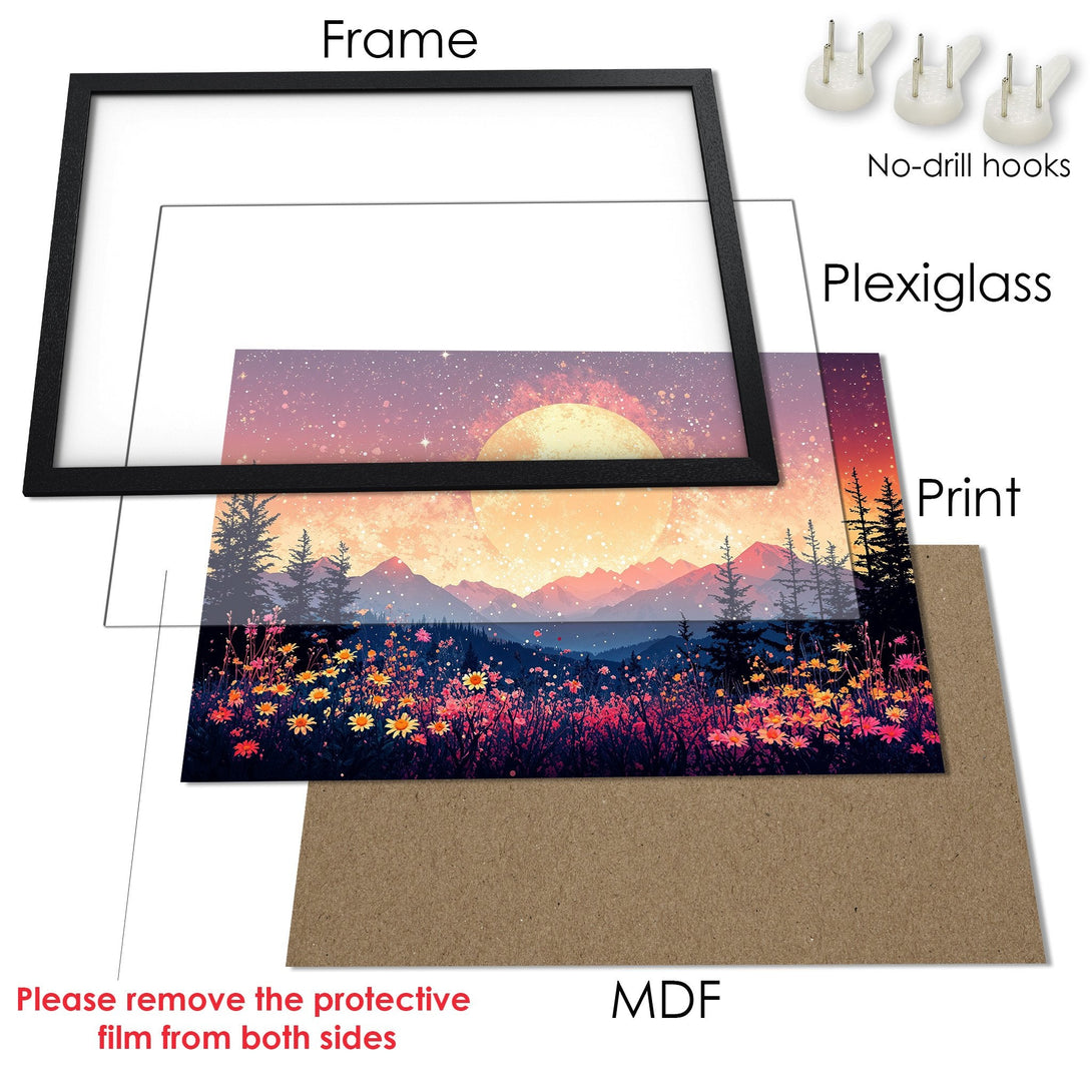 Framed Poster featuring a serene landscape art print with a warm color palette. Perfect wall decor!