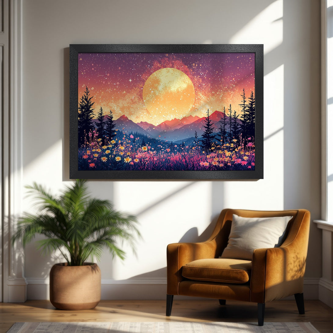 Framed Poster featuring a dreamy landscape with a moon, in a vibrant purple, orange, and blue color palette. Perfect wall art!