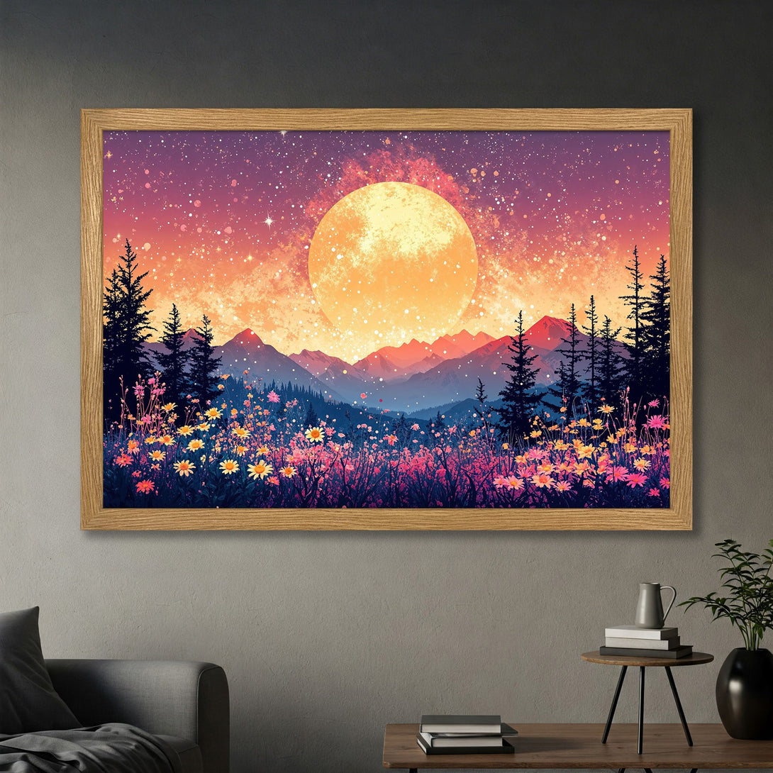 Framed Poster: Mountain landscape art with vibrant colors and dreamy style. Features a sunset and starry night sky. Perfect wall decor.