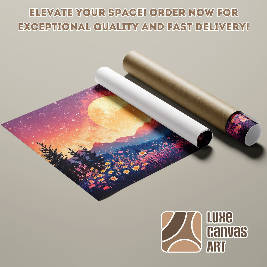 Poster Roll featuring a dreamy landscape with a vibrant sunset, in a colorful palette of purple, orange, and blue.