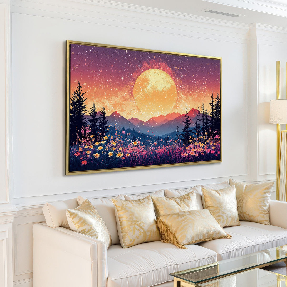 Canvas Print: Stunning landscape art featuring a vibrant moonlit mountain scene in warm orange, purple, and blue hues, perfect for home decor.