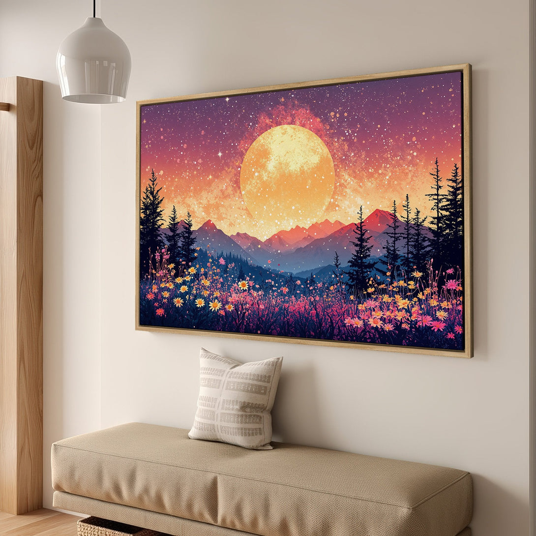 Framed Wall Art: Mountain landscape Canvas Print with vibrant sunset colors. Modern art featuring a large moon, trees, and flowers. Perfect home decor.