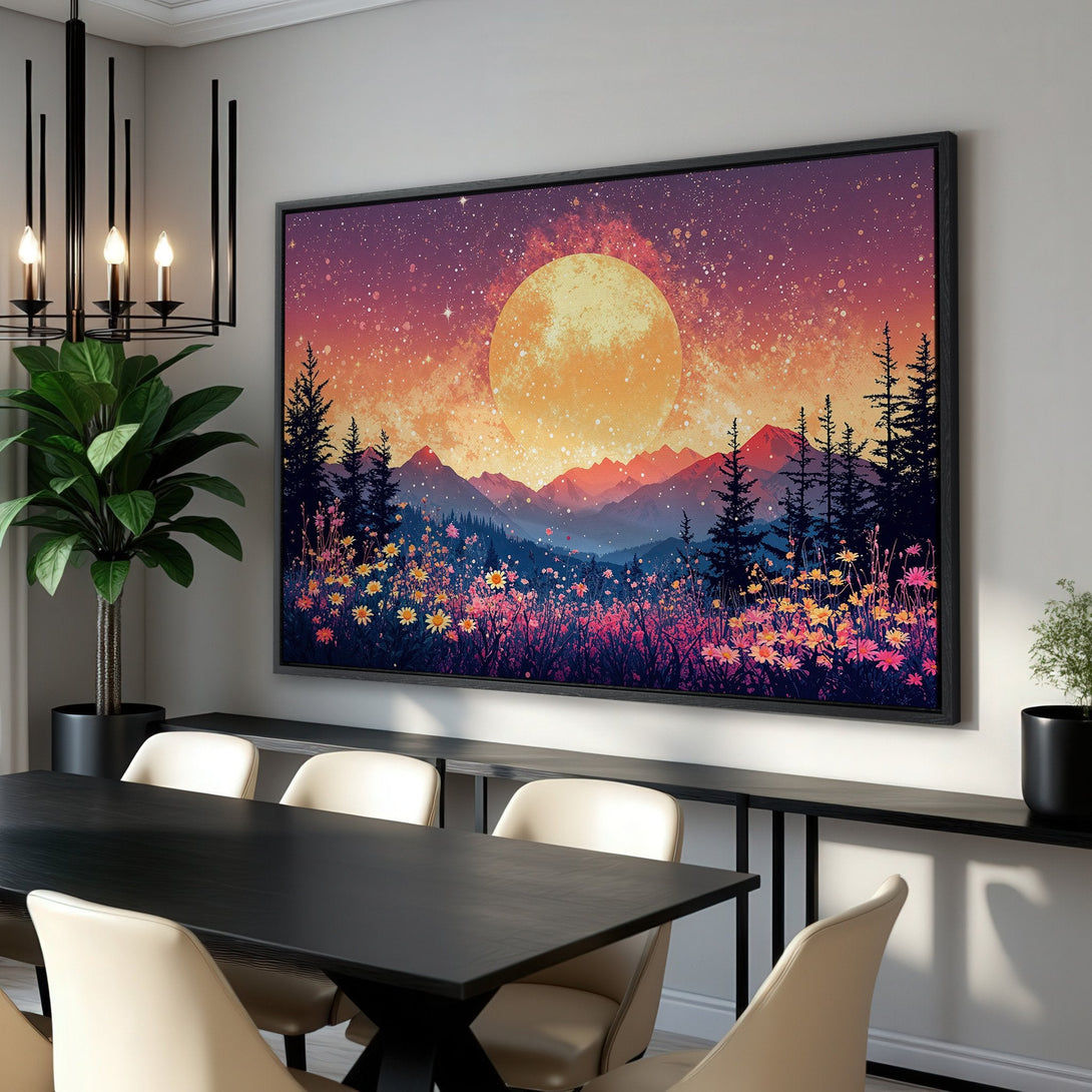 Framed Wall Art: Mountain landscape Canvas Print with vibrant sunset colors. Modern art for home decor. Adds warmth & style to any room.
