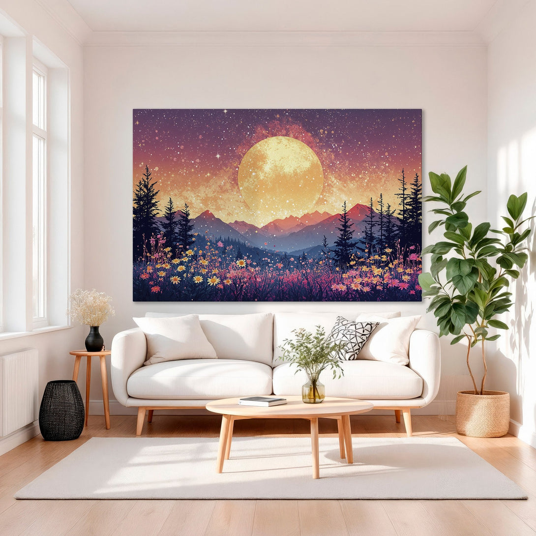 Framed Wall Art: Landscape Canvas Print with moon, mountains, and flowers. Warm sunset color palette. Perfect for living room decor.