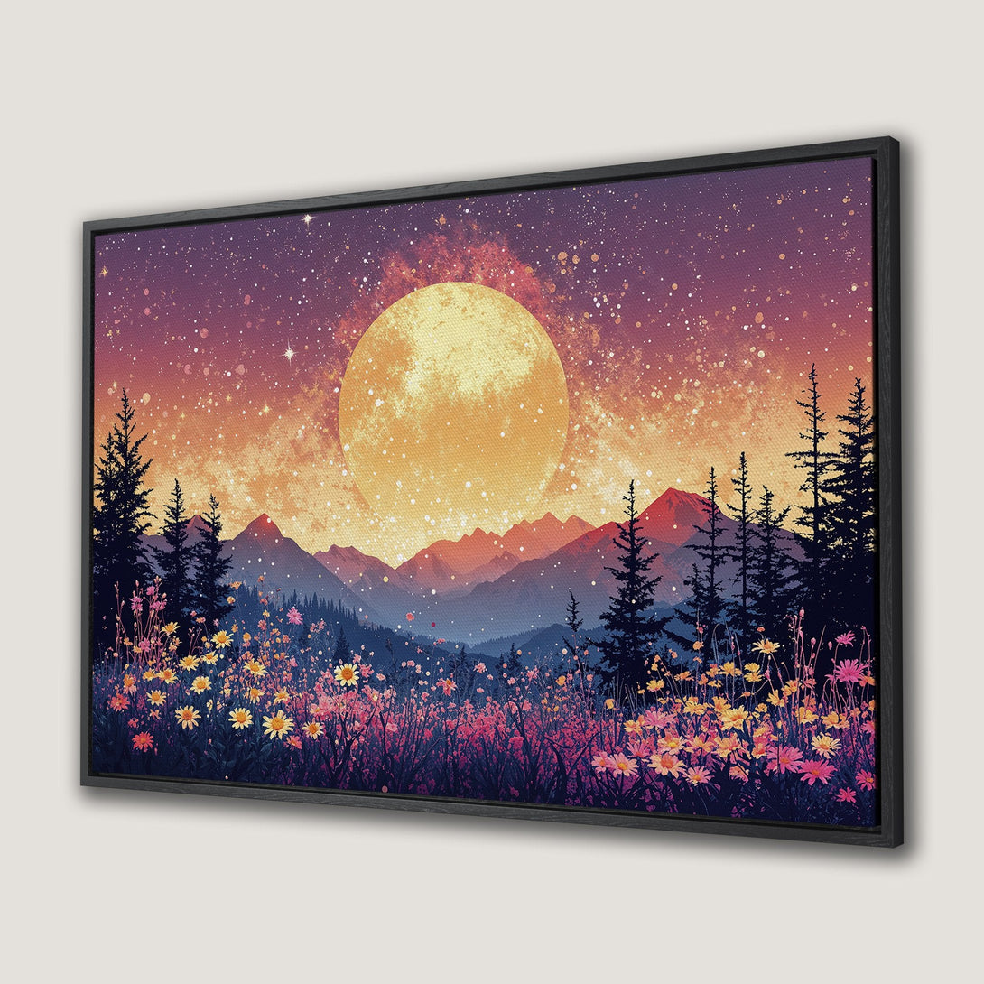 Framed Wall Art: Stunning landscape Canvas Print featuring a vibrant sunset, mountains, and wildflowers. Rich purple, orange, and blue color palette. Perfect wall decor!