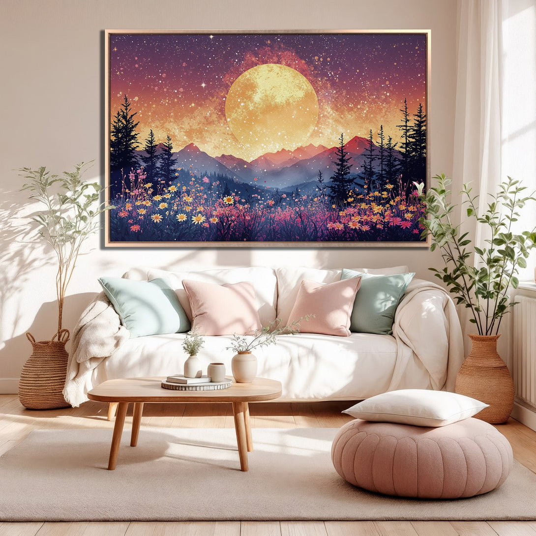 Framed Wall Art: Stunning landscape Canvas Print with a vibrant sunset, mountains, and starry sky. Warm color palette perfect for any living room.